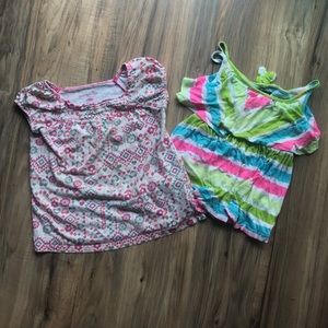 Lot of 2 girls tops floral shirt and neon tank top